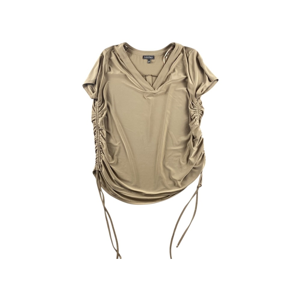 Luxology Ruched V Neck Short Sleeve Tunic Top Womens XL Beige Drawstring
